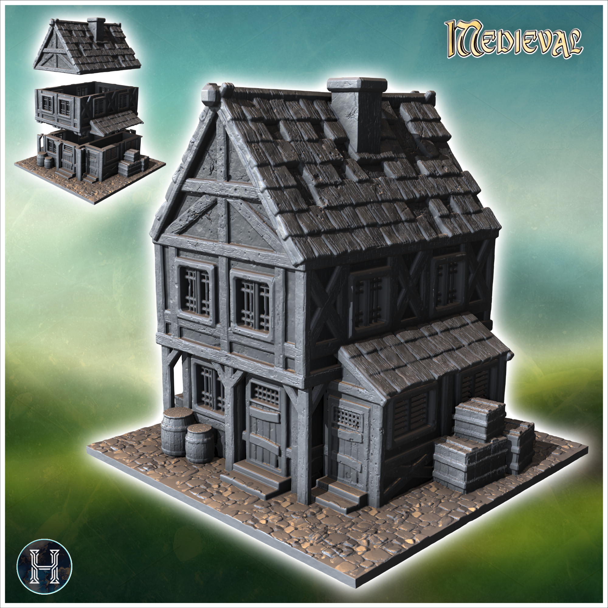 Two-story wooden house with barrels and crates near the entrance (4) - Medieval Gothic Feudal Old Archaic Saga 28mm 15mm RPG